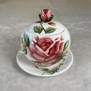 Lefton Handpainted Jelly/Jam Dish, Americana Rose Design 5”x 5” w/o Spoon Chrty